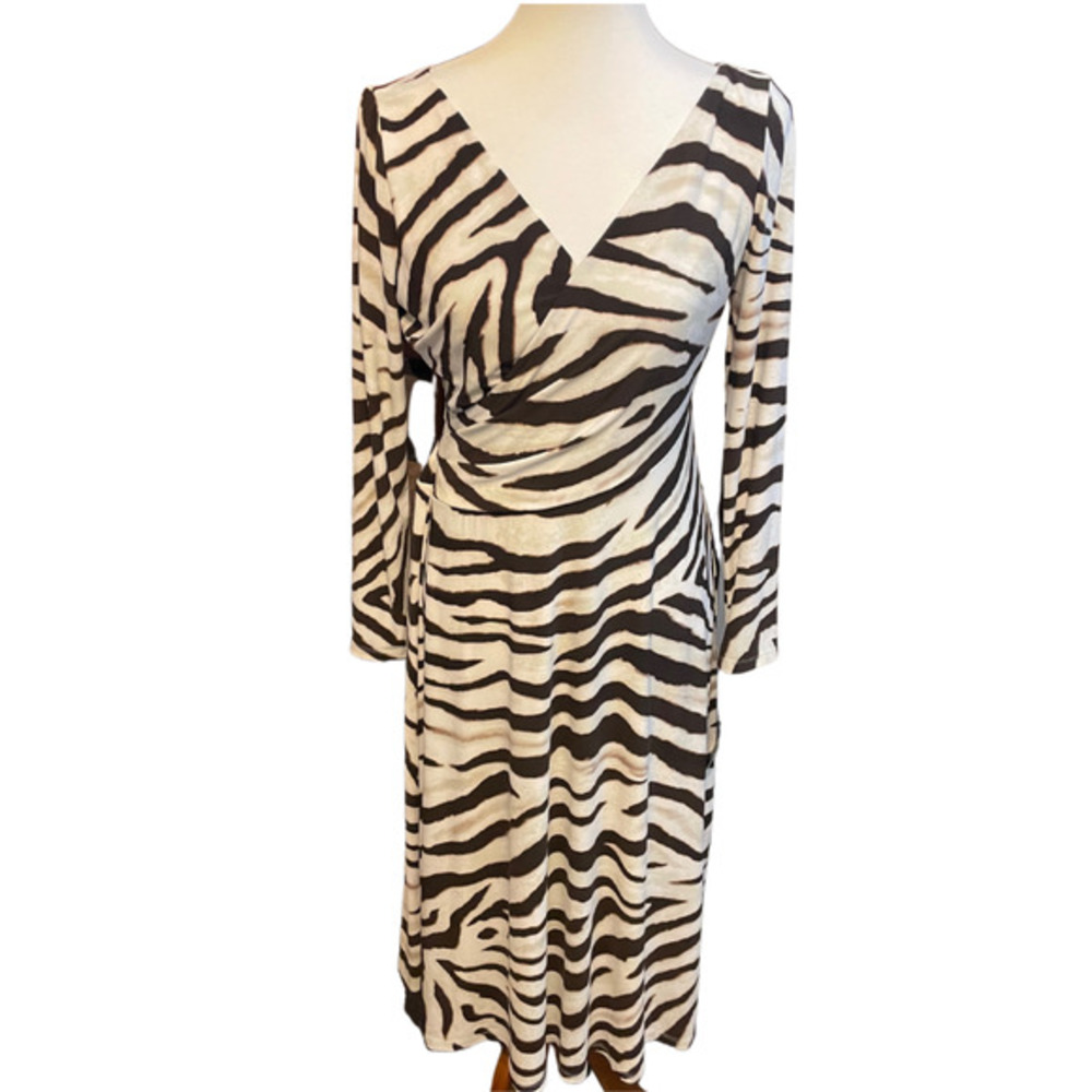 NWT LAUREN RALPH LAUREN BEIGE 3/4 SLEEVE MIDI  FAUX WRAP ANIMAL PRINT DR…